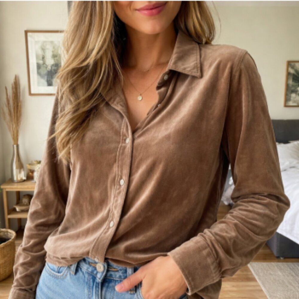 NWT MADISON MATHEWS Velvet Feel Button Down Shirt Tan Brown Size Medium